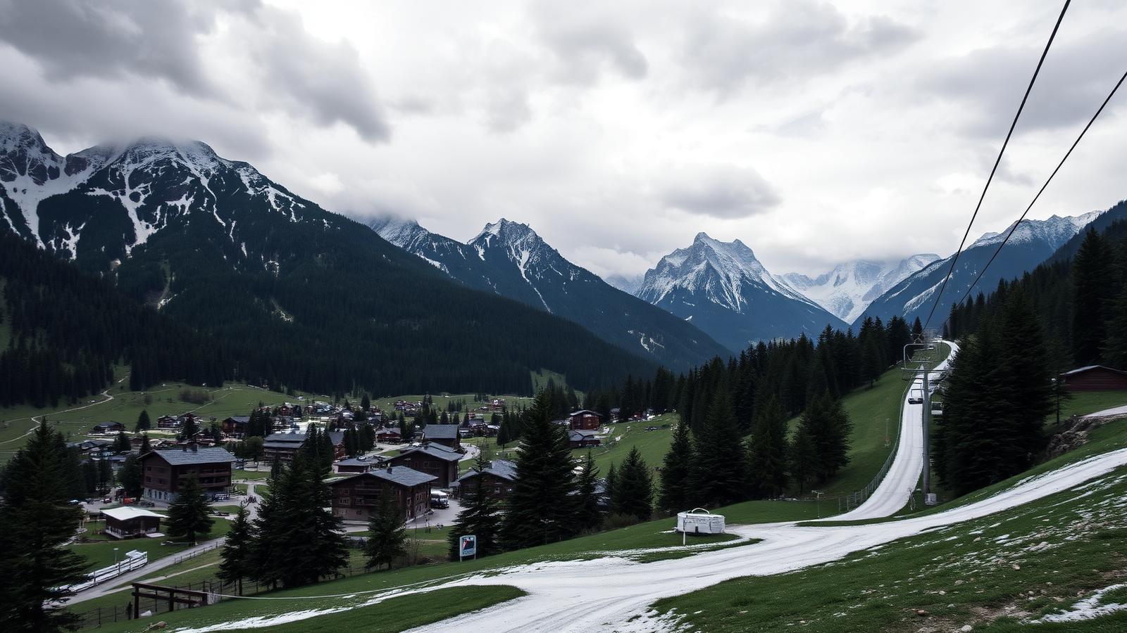 Alpine resort village in green summer conditions with an idle chairlift