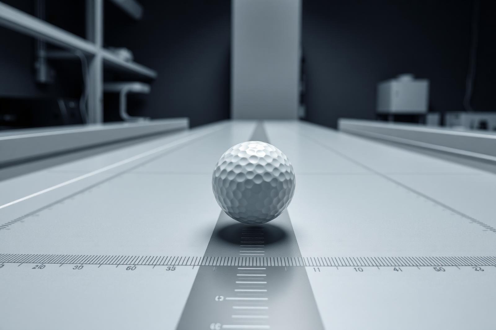 A golf ball on a laboratory measurement bench marked with fine distance scales