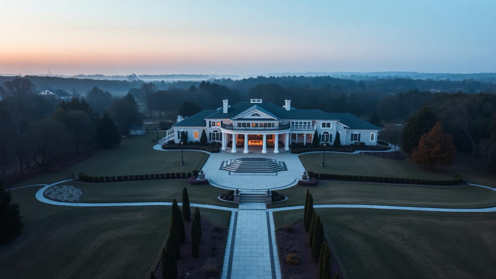Aerial view of a private club estate and clubhouse at dawn