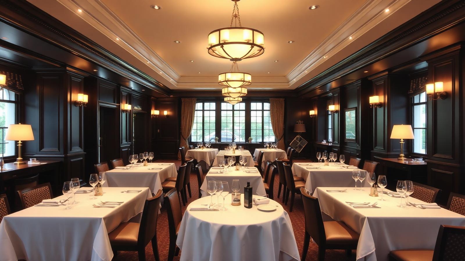 Empty clubhouse dining room set for evening service