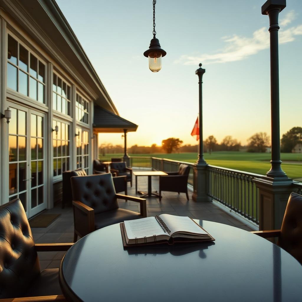 An elegant UK golf clubhouse terrace set for a corporate client day at golden hour, with no people visible