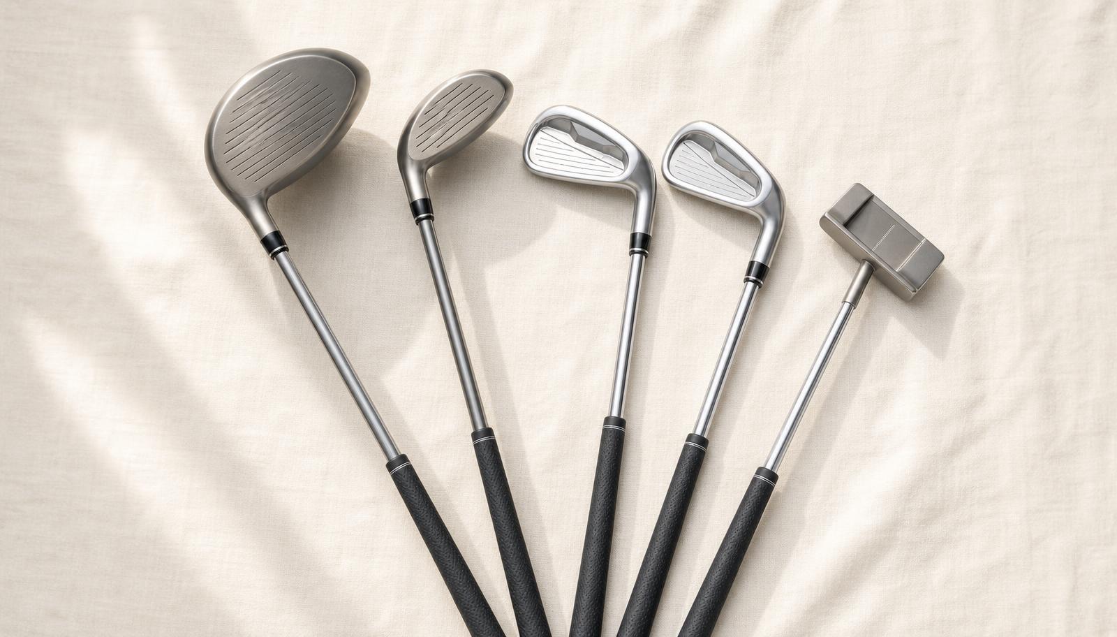 A driver, hybrid, two irons and a mallet putter fanned out face-up on pale linen in natural daylight