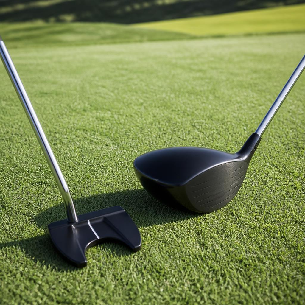 A modern mallet putter and a compact mini driver lying on lush green golf course grass in bright daylight