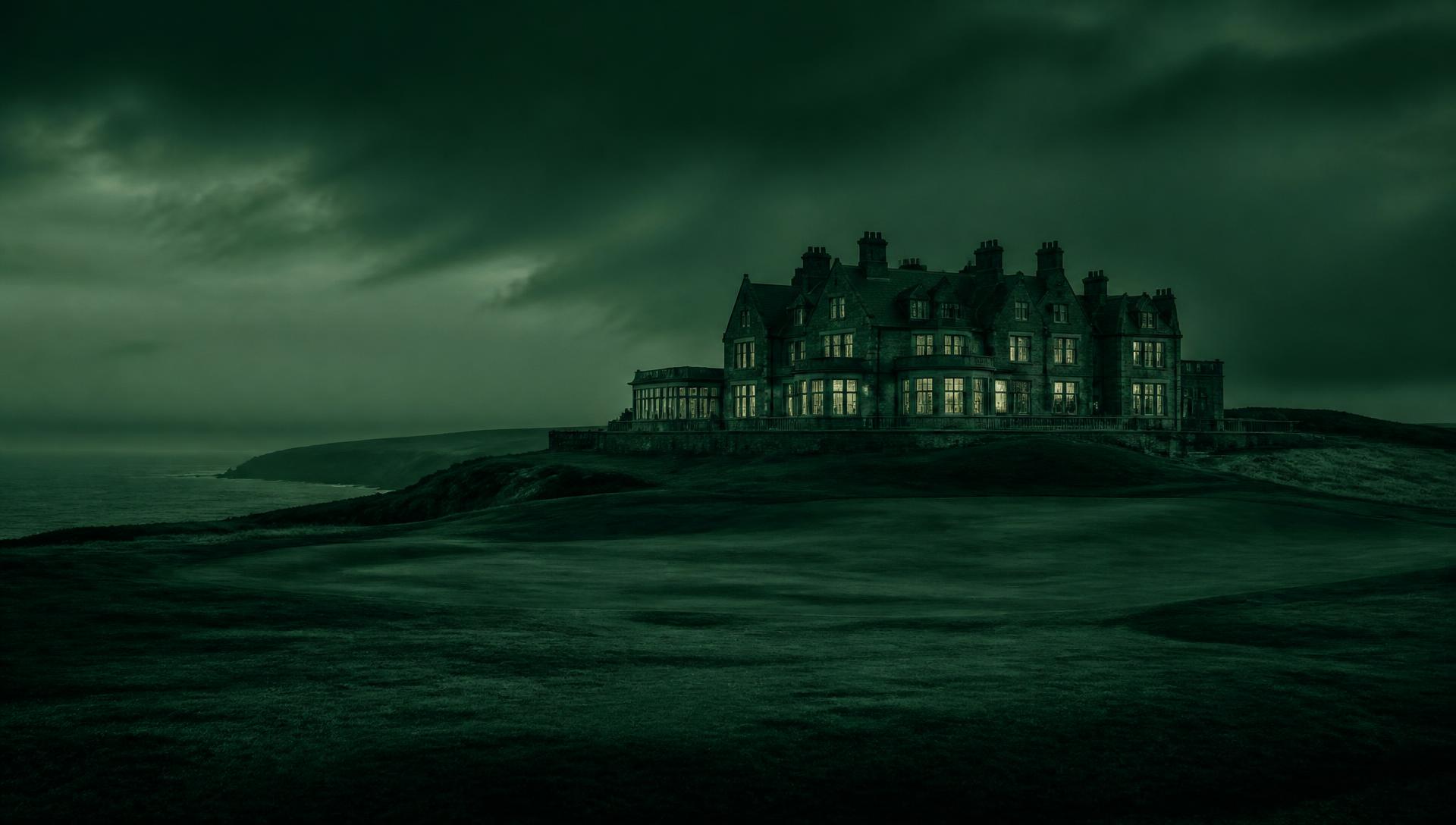 A historic cliff-top links clubhouse at dusk, seen across an empty fairway