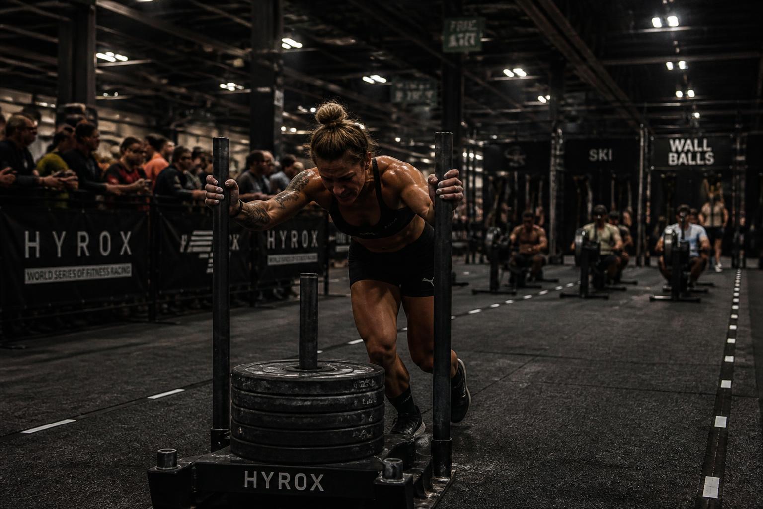 An athlete mid-sled push inside a dark, packed Hyrox race hall, sweat and chalk dust visible under tungsten lights