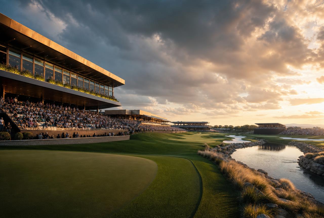 A premium LIV Golf tournament stadium at golden hour, with modern grandstands and hospitality pavilions