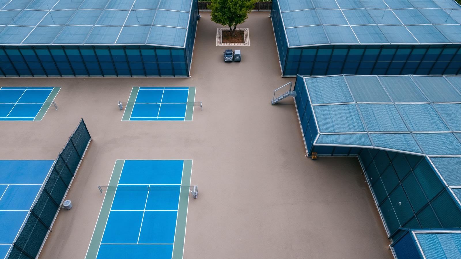 Aerial view of rows of covered padel courts