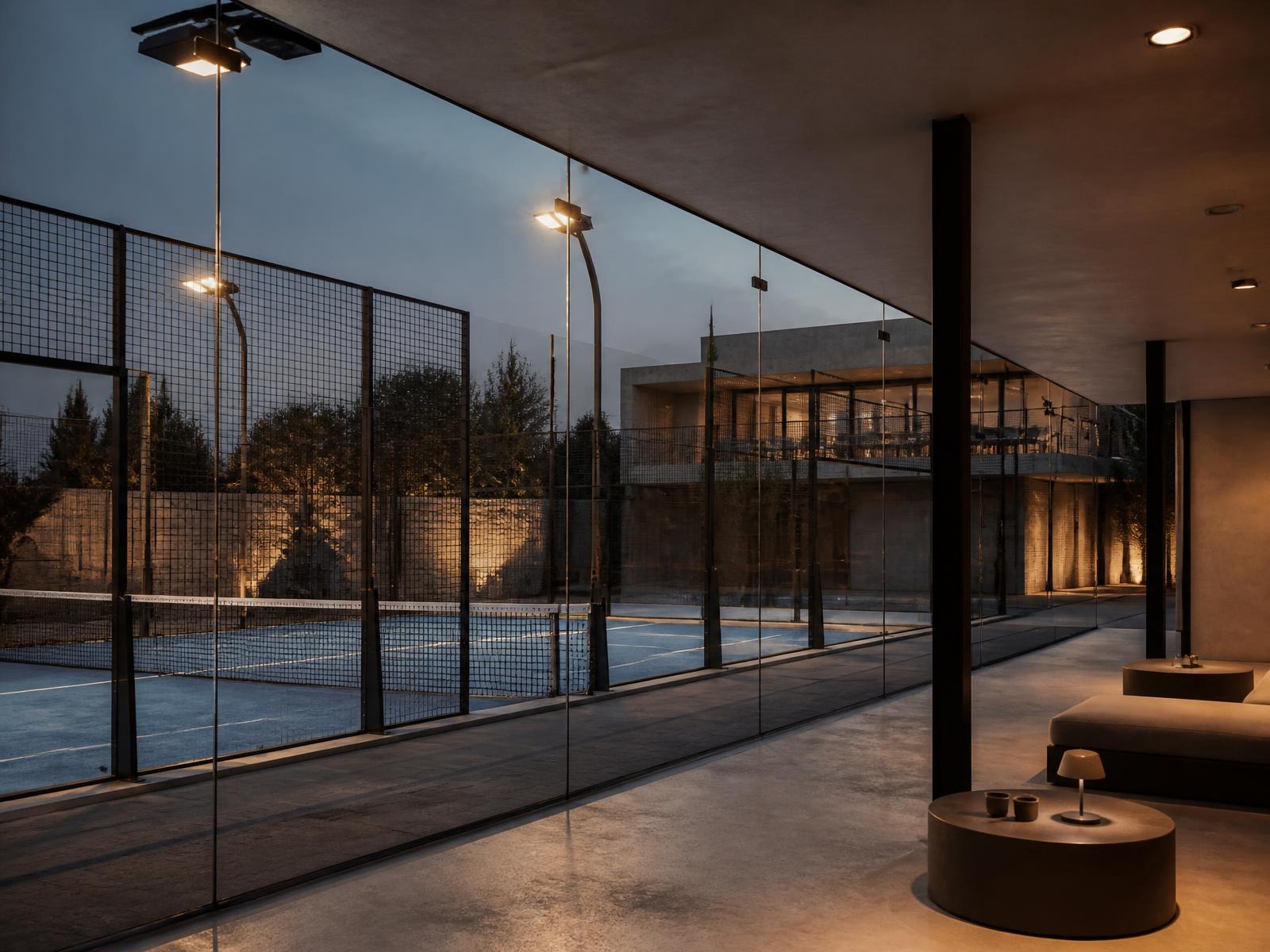 Floodlit padel court seen at dusk through the glass wall of a minimalist clubhouse lounge