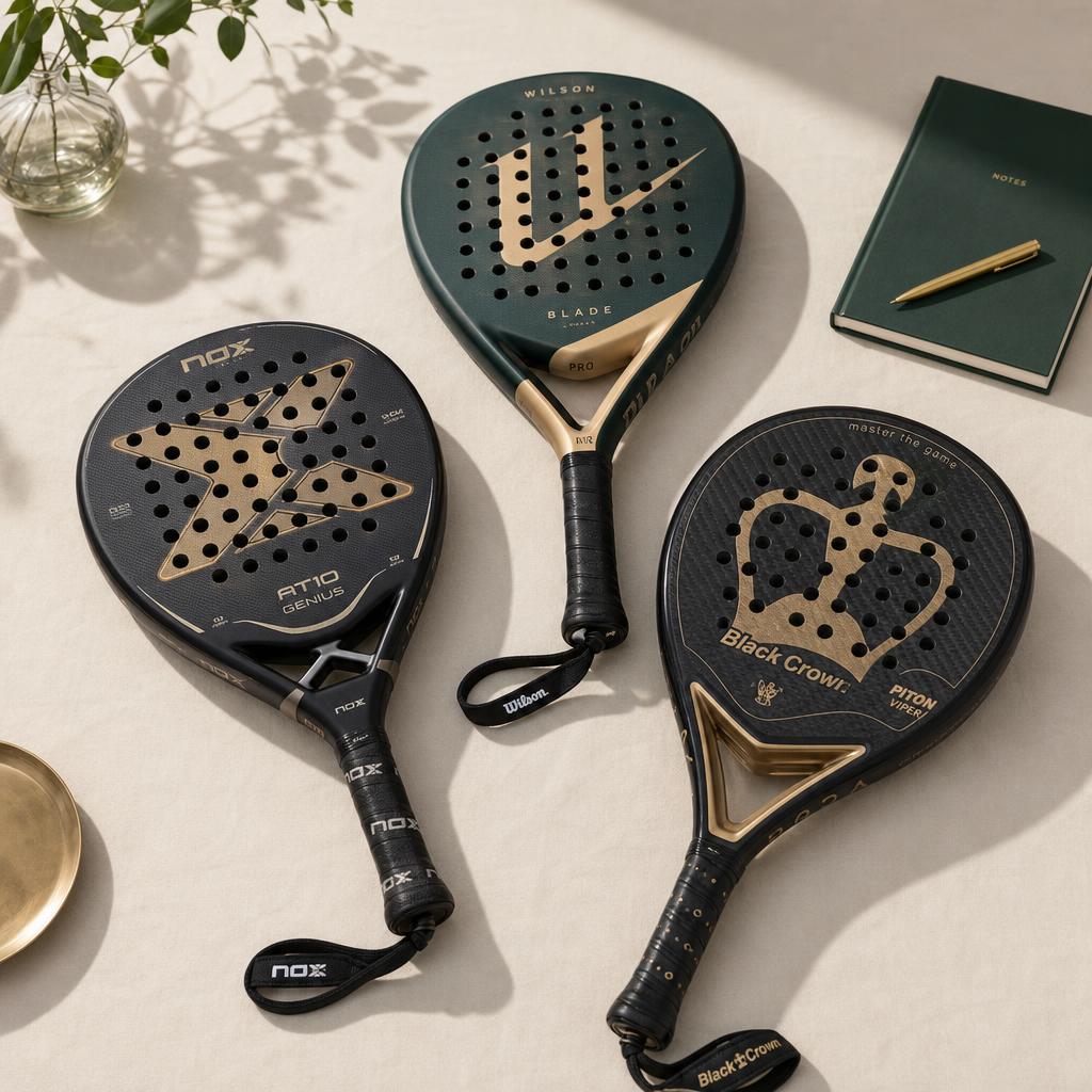 Three premium padel rackets arranged on pale cream linen in bright daylight