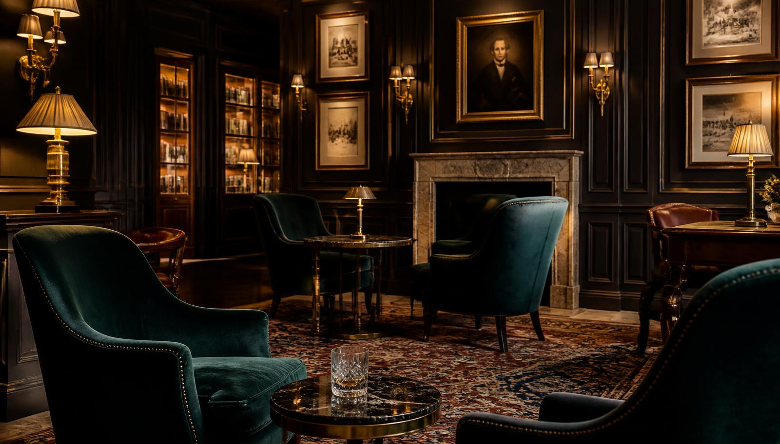 Empty private members' club drawing room with green velvet armchairs, panelled walls and low brass lamps