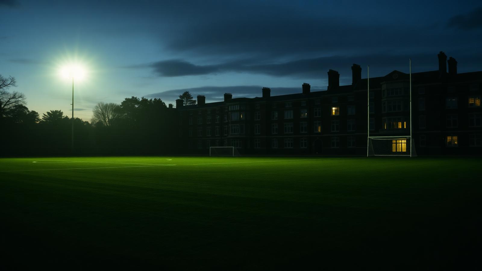 Floodlit school rugby pitch at dusk beside a Victorian boarding school building