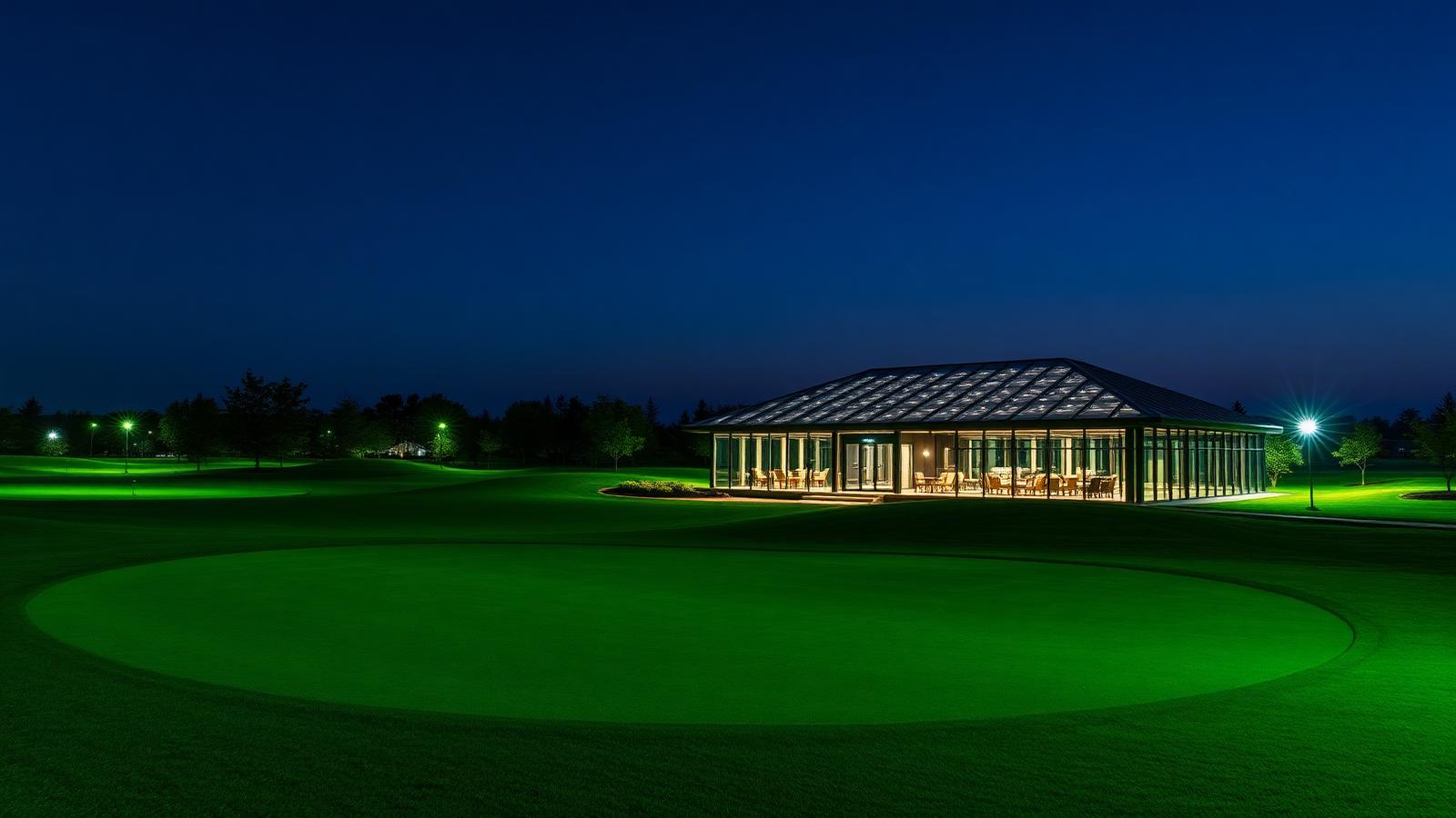 Floodlit short golf loop at twilight with a lit glass hospitality pavilion behind it