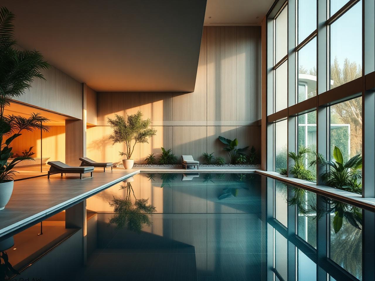 Sunlit indoor pool and planting inside a wellness-led residential development